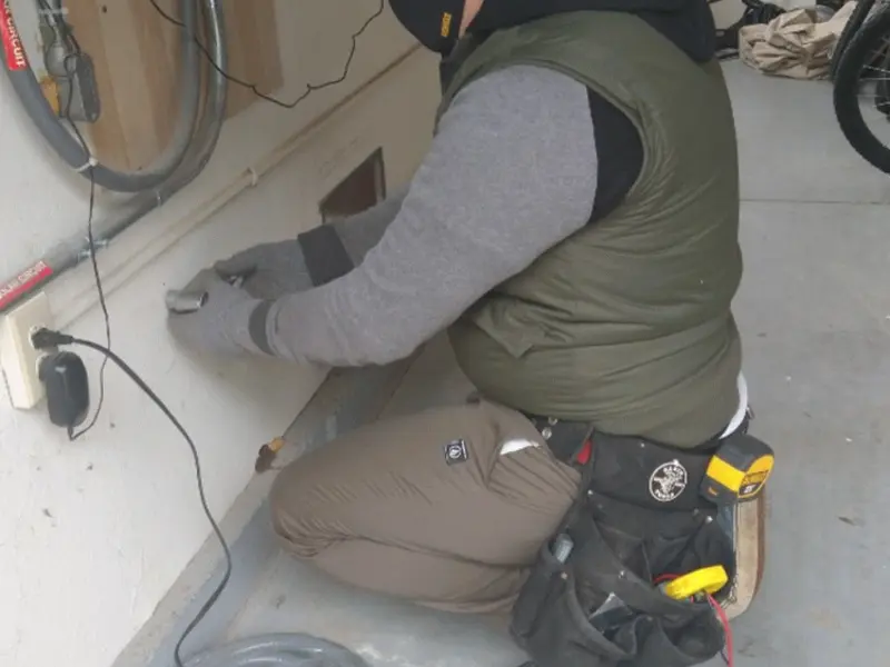 Electrician performing outlet wiring in a Woodfield garage